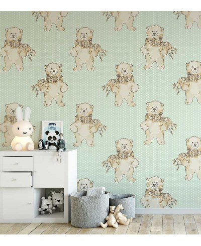 Papel de parede com ursinhos e listras em tons de azuis