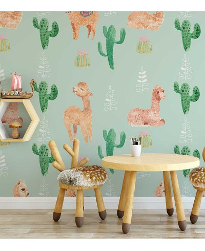 Papel de parede com Lhamas e cactos fofos