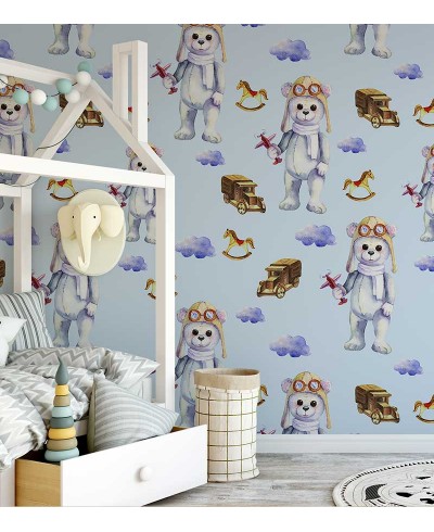 Papel de parede com Ursinhos, nuvens e cavalinhos