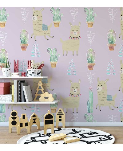 Papel de parede com Lhamas e cactos em tons de rosas
