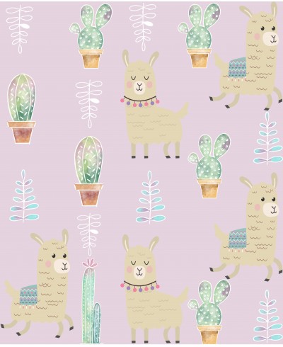 Papel de parede com Lhamas e cactos em tons de rosas