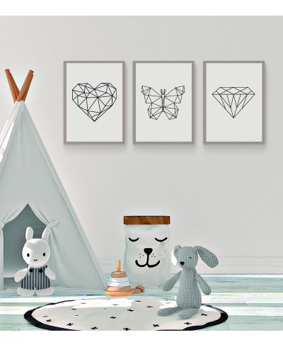 Kit Quadros coração, borboleta e diamante geométricos