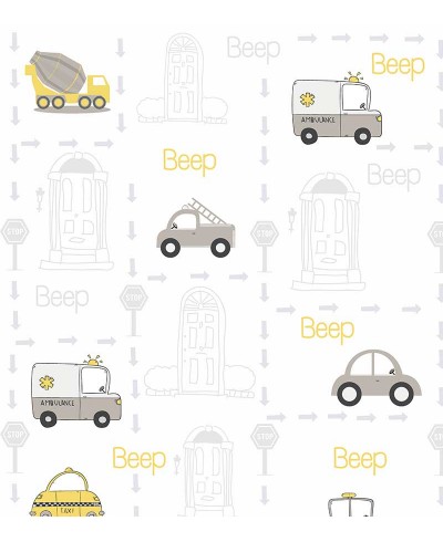 Papel de parede com Carrinhos da cidade em tons de branco