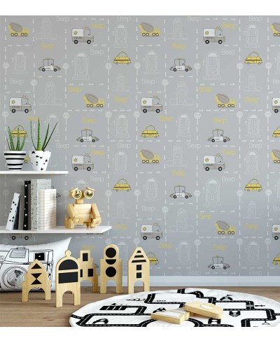 Papel de parede com Carrinhos da cidade em tons de cinza