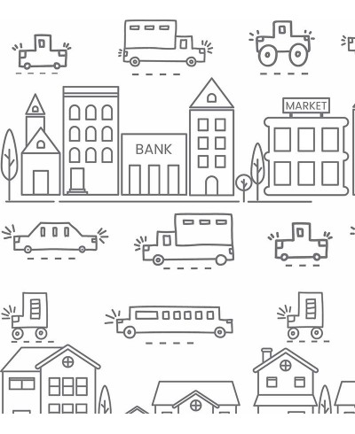 Papel de parede com Carrinhos da cidade em desenhos, em listras branco e cinza