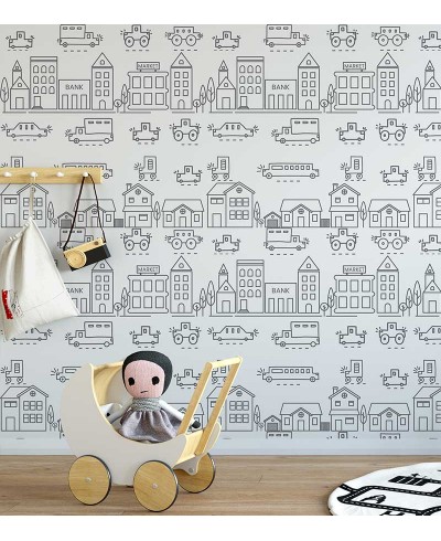Papel de parede com Carrinhos da cidade em desenhos, em listras branco e cinza