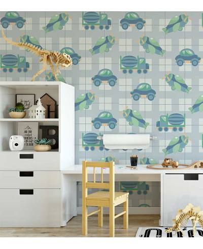 Papel de parede com Carrinhos e aviões em tons de azuis claros