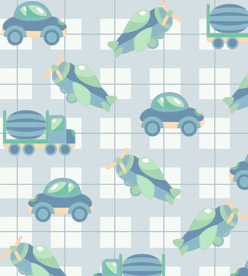 Papel de parede com Carrinhos e aviões em tons de azuis claros