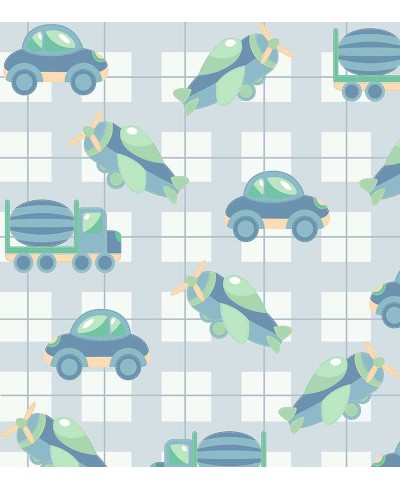 Papel de parede com Carrinhos e aviões em tons de azuis claros
