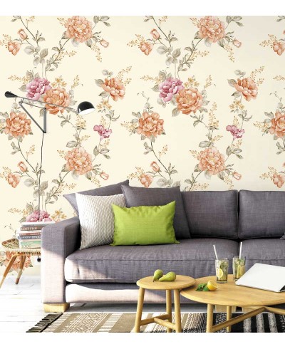 Papel de parede flores laranjas e roxas e fundo bege