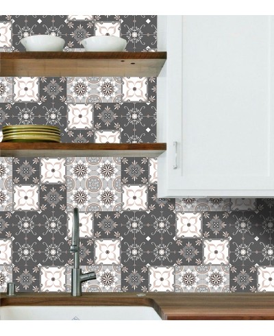 Adesivo de Parede Azulejo Hidráulico Grego em tons de cinza, bege e branco