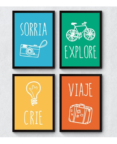 Conjunto de Quadros Decorativos "Crie, Viaje, Sorria e Explore" com moldura