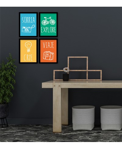 Conjunto de Quadros Decorativos "Crie, Viaje, Sorria e Explore" com moldura