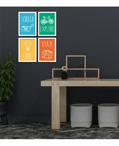 Conjunto de Quadros Decorativos "Crie, Viaje, Sorria e Explore" com moldura