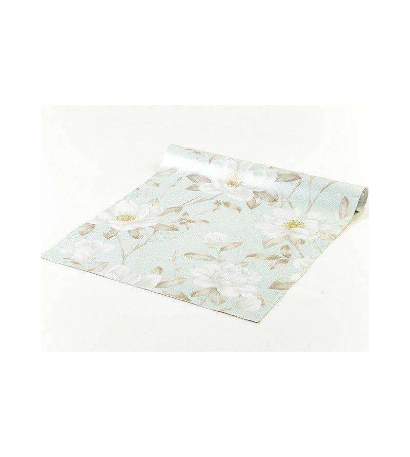 Papel de parede com fundo azul, com folhas e flores em tons cinzas e destalhes em amarelo - Dream 43