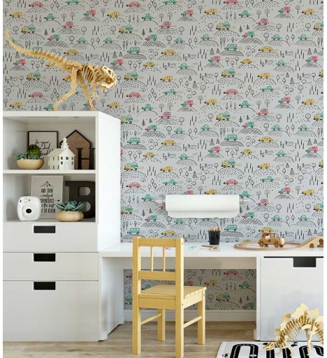 Papel de parede carros. Em tons de cinza, verde, preto, amarelo e carmim