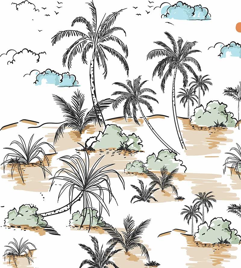 Papel de parede contemporâneo Praiano. Em tons de azul, laranja, preto, bege, verde.