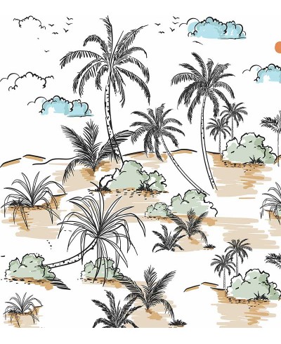 Papel de parede contemporâneo Praiano. Em tons de azul, laranja, preto, bege, verde.