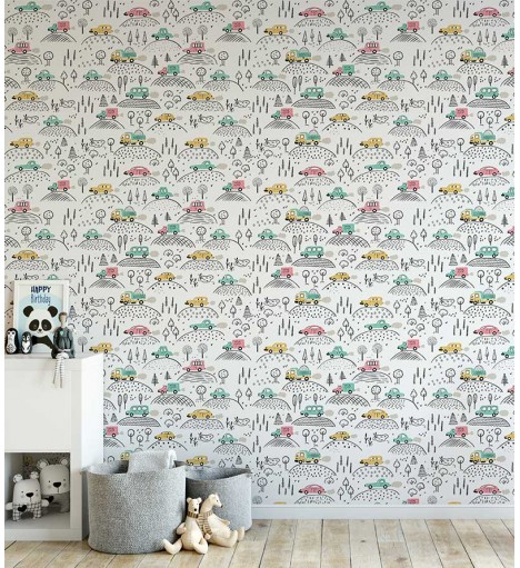 Papel de parede carros. Em tons de cinza, verde, preto, amarelo e carmim com fundo branco.