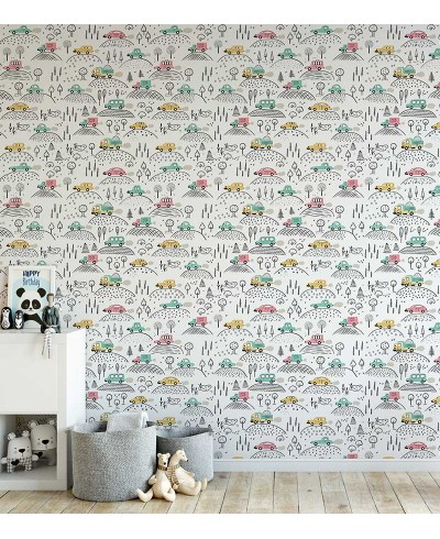 Papel de parede carros. Em tons de cinza, verde, preto, amarelo e carmim com fundo branco.