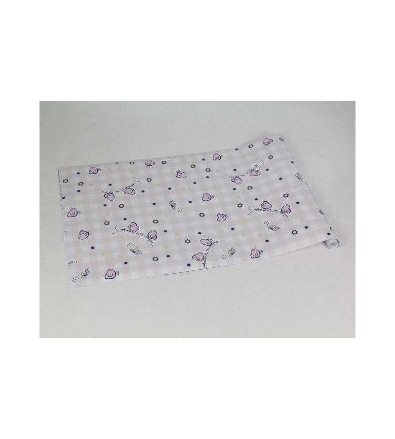 Papel de parede com fundo branco e rosa claro, com detalhes em tons de azul, amarelo e lilás - Infantil 136