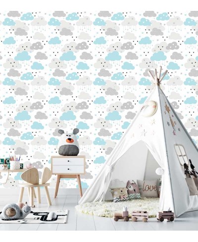 Papel de parede Baby Gaston em tons de Cinza, Branco e Azul