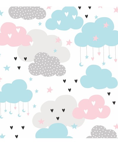 Papel de parede Baby Louise em tons de cinza, rosa, branco e azul