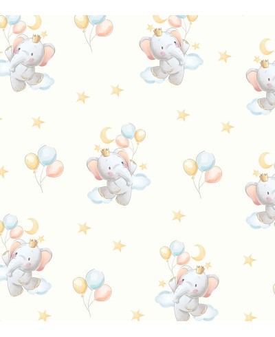 Papel de parede Baby Elefante Henry em tons de branco, cinza, azul rosa e laranja
