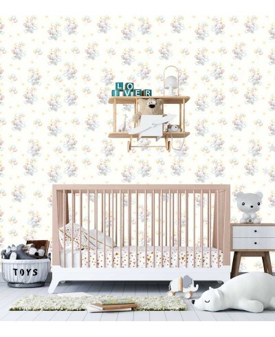 Papel de parede Baby Elefante Henry em tons de branco, cinza, azul rosa e laranja