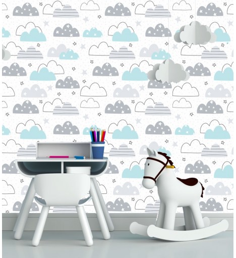 Papel de parede Baby Zuri em tons de Branco, Cinza e Azul