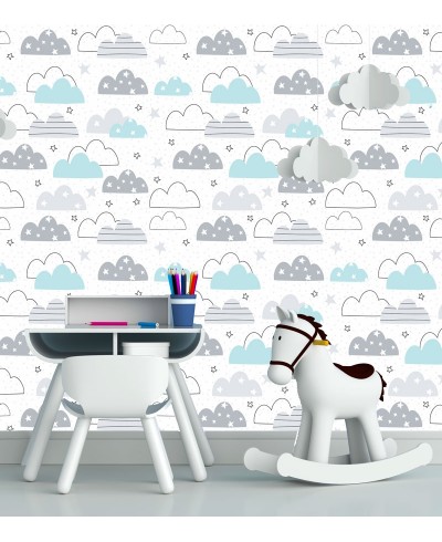 Papel de parede Baby Zuri em tons de Branco, Cinza e Azul