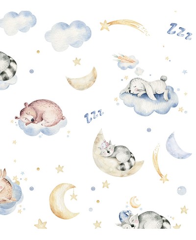 Papel de parede infantil Soneca em tons de Branco, rosa, azul e amarelo