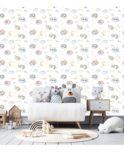 Papel de parede infantil Soneca em tons de Branco, rosa, azul e amarelo