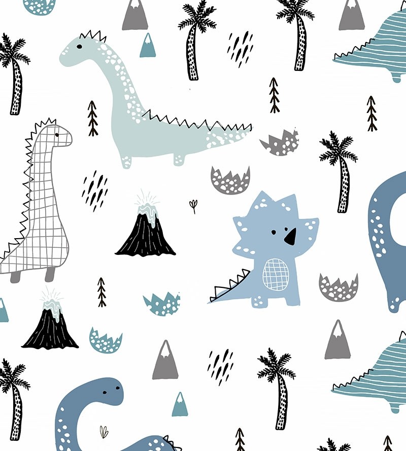 Papel de parede infantil Dino Elo em tons de Branco, preto, cinza e azul