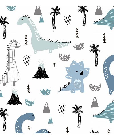 Papel de parede infantil Dino Elo em tons de Branco, preto, cinza e azul