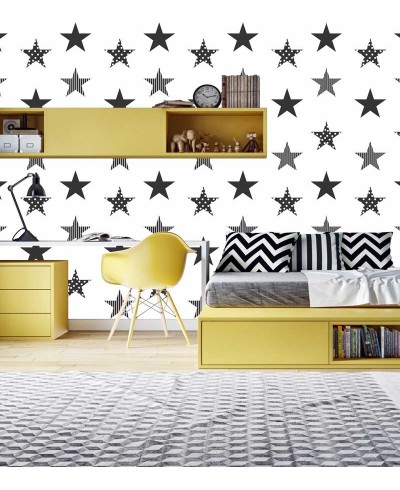 Papel de parede Estrela Black em tons de Branco, Preto e cinza