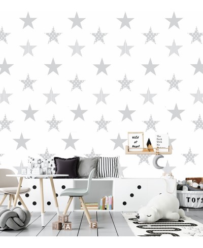 Papel de parede Estrela Mescla em tons de Branco e Cinza