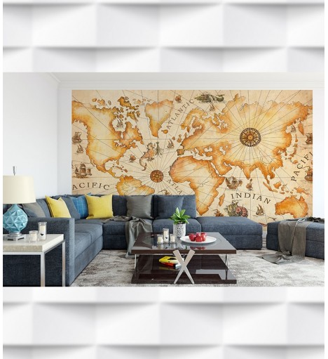 Papel de Parede Foto Mural Mapa Mundi Monstros do Oceano