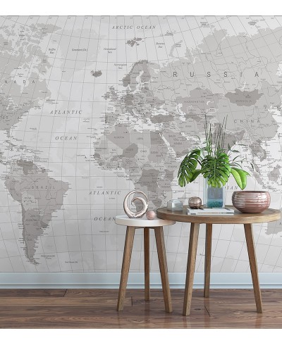 Papel de Parede Foto Mural Mapa Mundi Em tons de Branco e Cinza