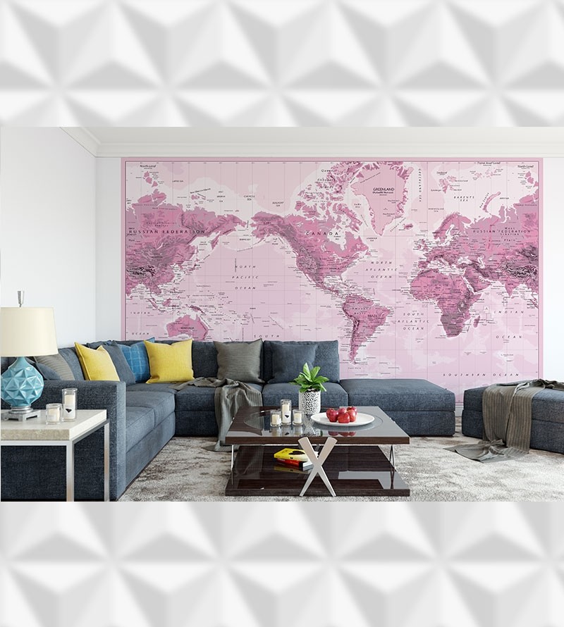 Papel de Parede Foto Mural Mapa Mundi Em tons de Rosa