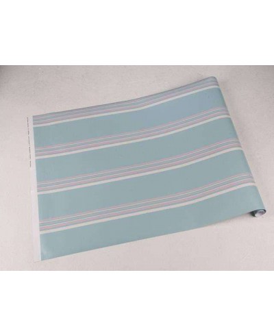 Papel de parede listrado azul, rosa bebê e branco