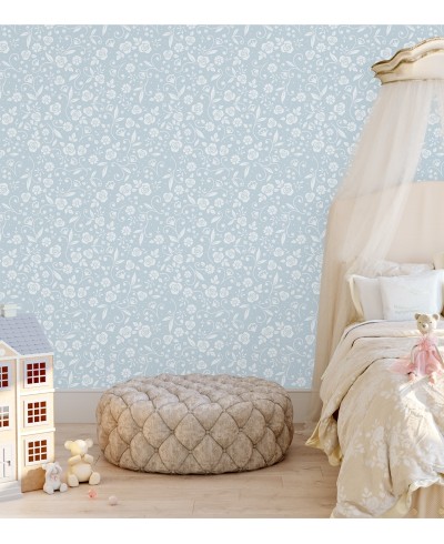 Papel de parede Floral em tons de azul e branco