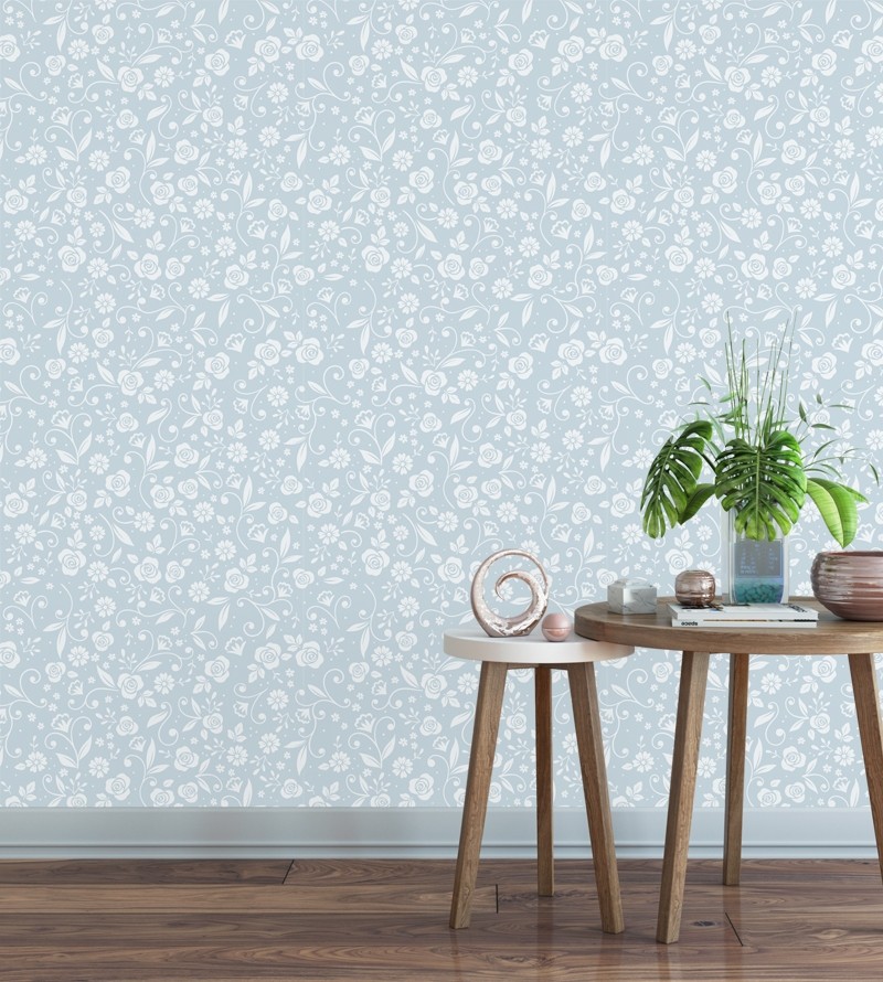 Papel de parede Floral em tons de azul e branco