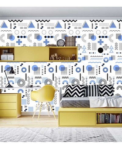 Papel de parede Teen Memphis em tons de Azul, Branco e Preto