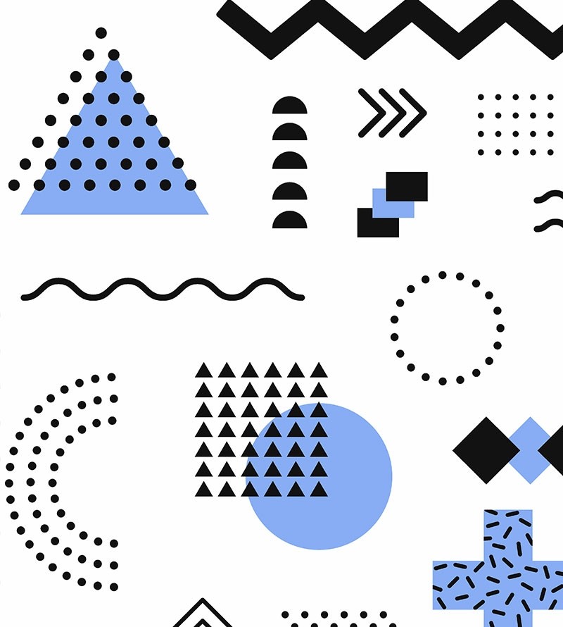 Papel de parede Teen Memphis em tons de Azul, Branco e Preto