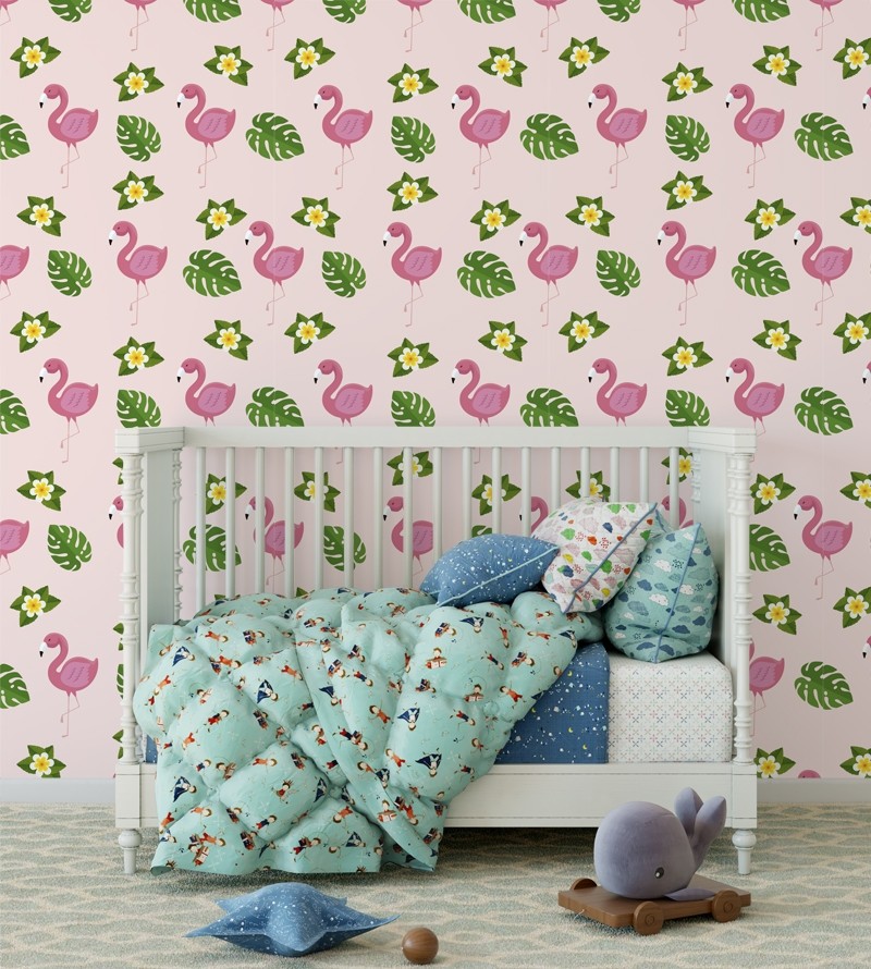 Papel de parede Flamingos e Folhas