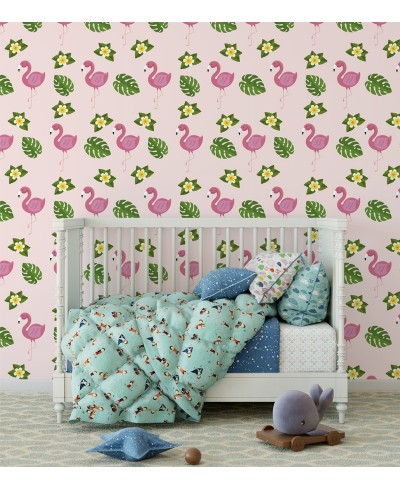 Papel de parede Flamingos e Folhas