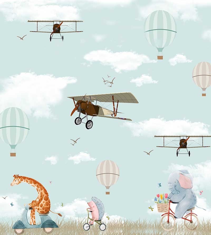 Painel Fotomural Infantil Paisagem Com Animais e Aviões