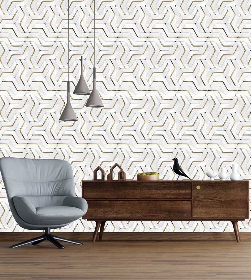 Papel de Parede 3D Curvas em Tons de Branco, amarelo e cinza