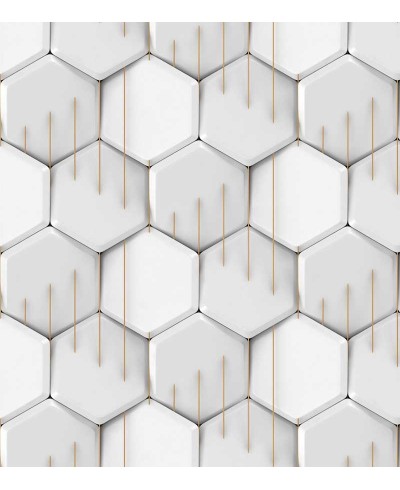 Papel de Parede 3D Hexágono Em tons de branco, cinza e amarelo